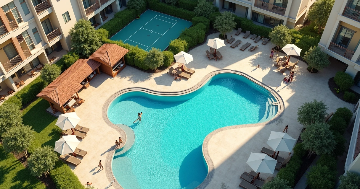 Vista aérea de áreas comuns de um condomínio-clube com piscinas, quadras e jardins 