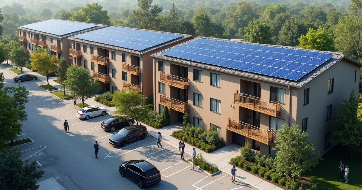 Condomínio residencial com placas solares e pontos de recarga de carros elétricos 