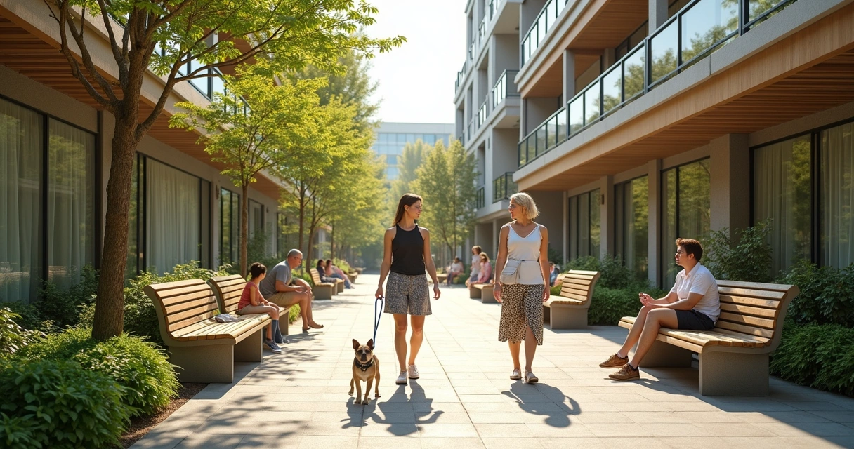 Área comum de condomínio com pet e moradores