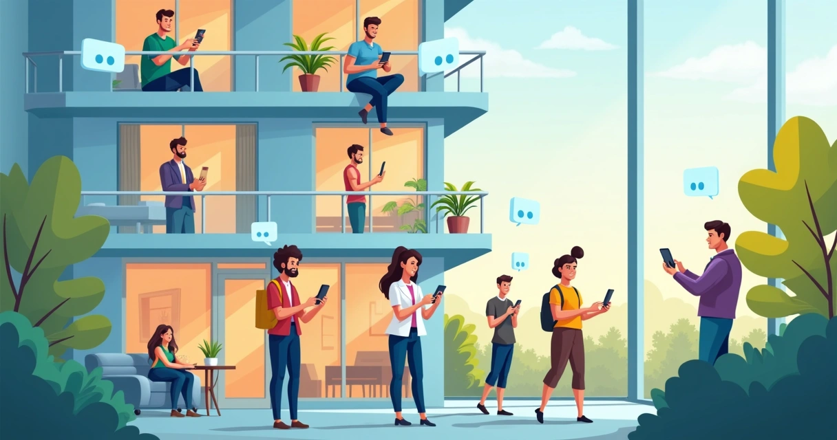 Moradores de condomínio recebendo notificações em smartphones 