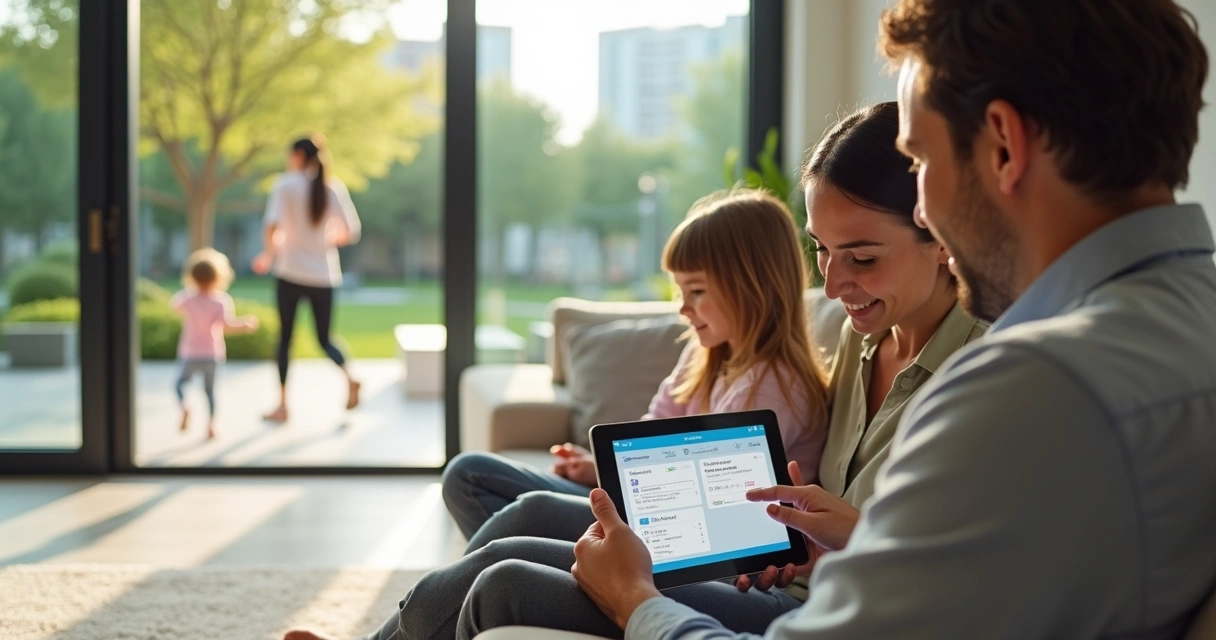Família usando aplicativo de condomínio em casa moderna 