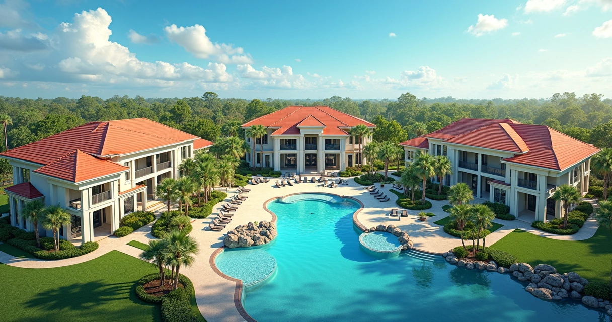 Aerial view of a luxury condominium in Orlando, with modern houses, green area, and central club 