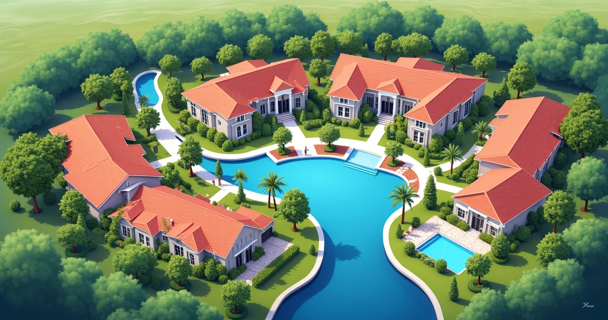 Aerial view of a luxury condominium in Orlando with spacious houses, tree-lined streets, and pools