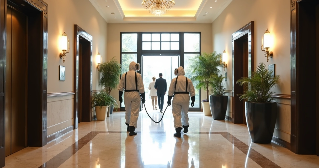 Técnicos dedetizando área comum de condomínio 