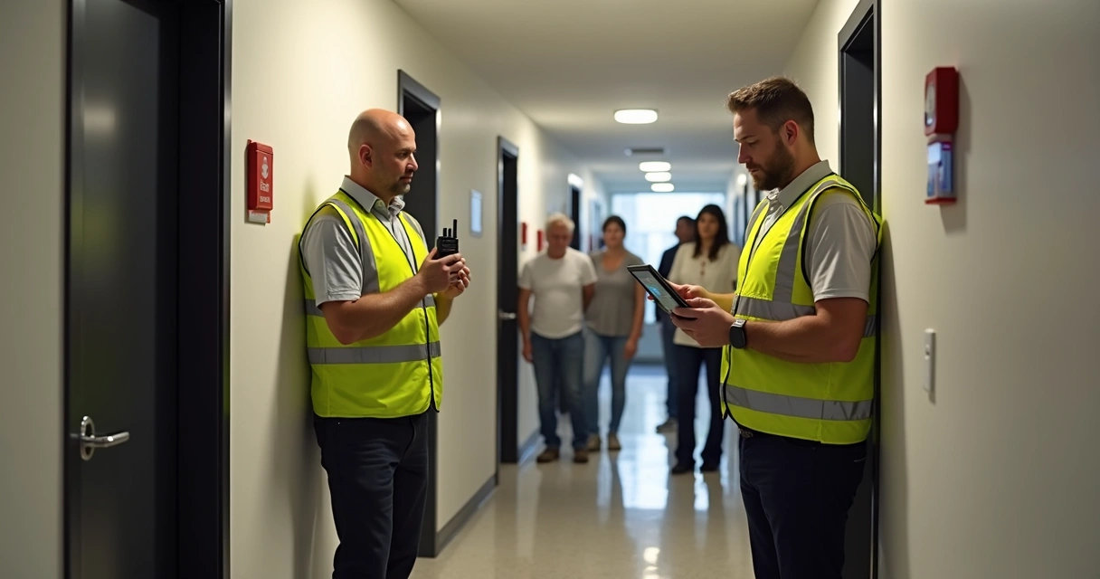 Equipe de emergência e síndico em corredor de condomínio 