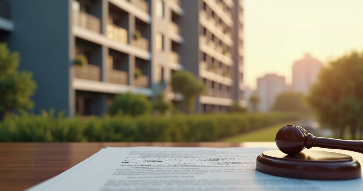Vista de condomínio residencial com destaque em um apartamento em processo legal 