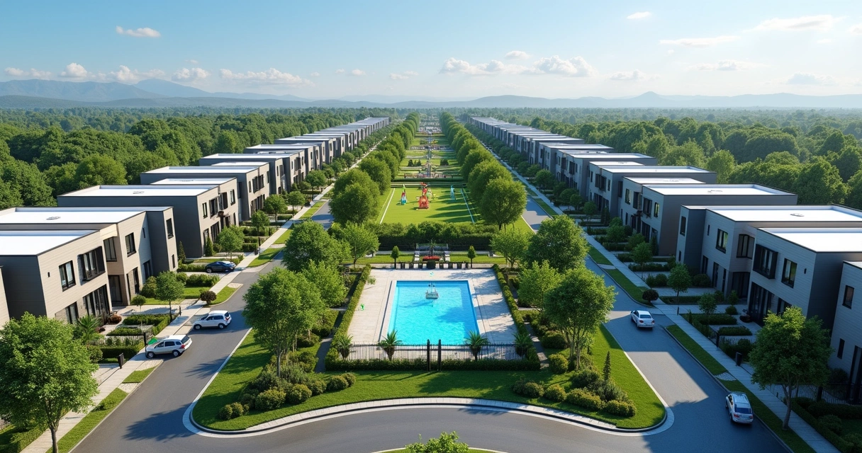 Vista aérea de condomínio fechado moderno com casas, ruas arborizadas e área de lazer 