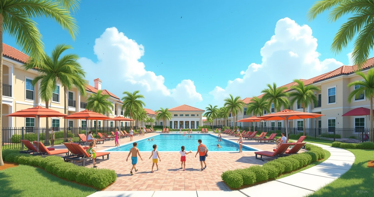 Pools and leisure areas of a gated community in Orlando on a sunny day, with families and children playing 