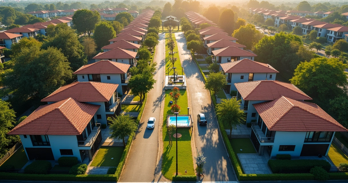 Vista aérea de condomínio fechado em Paulínia com casas modernas 