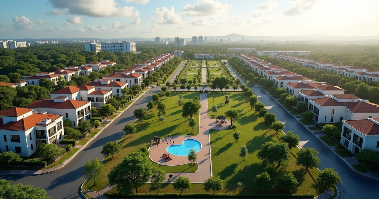 Vista aérea de condomínio fechado em Paulínia com áreas de lazer e ruas arborizadas 