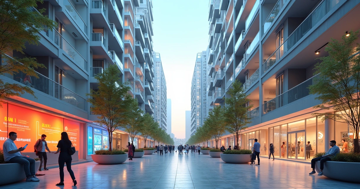 Condomínio moderno com painéis digitais e área comum futurista 