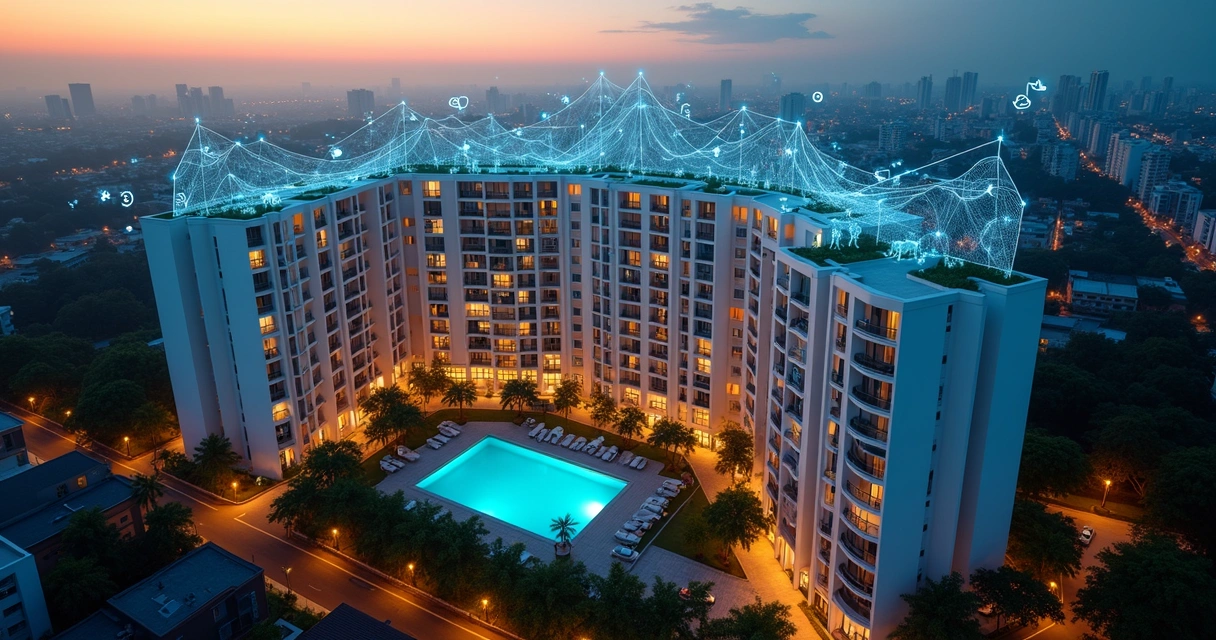 Condomínio residencial visto do alto com ícones digitais de inteligência artificial conectando os prédios 