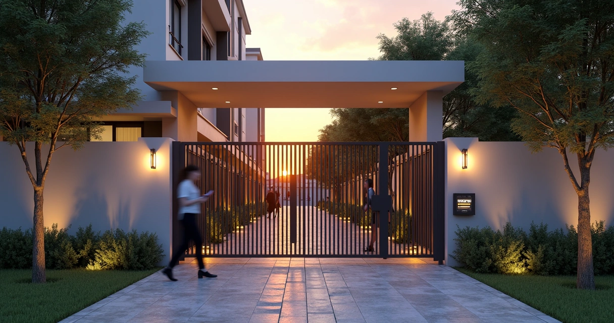 Condomínio com sistema integrado de câmeras, sensores e portões automáticos modernos