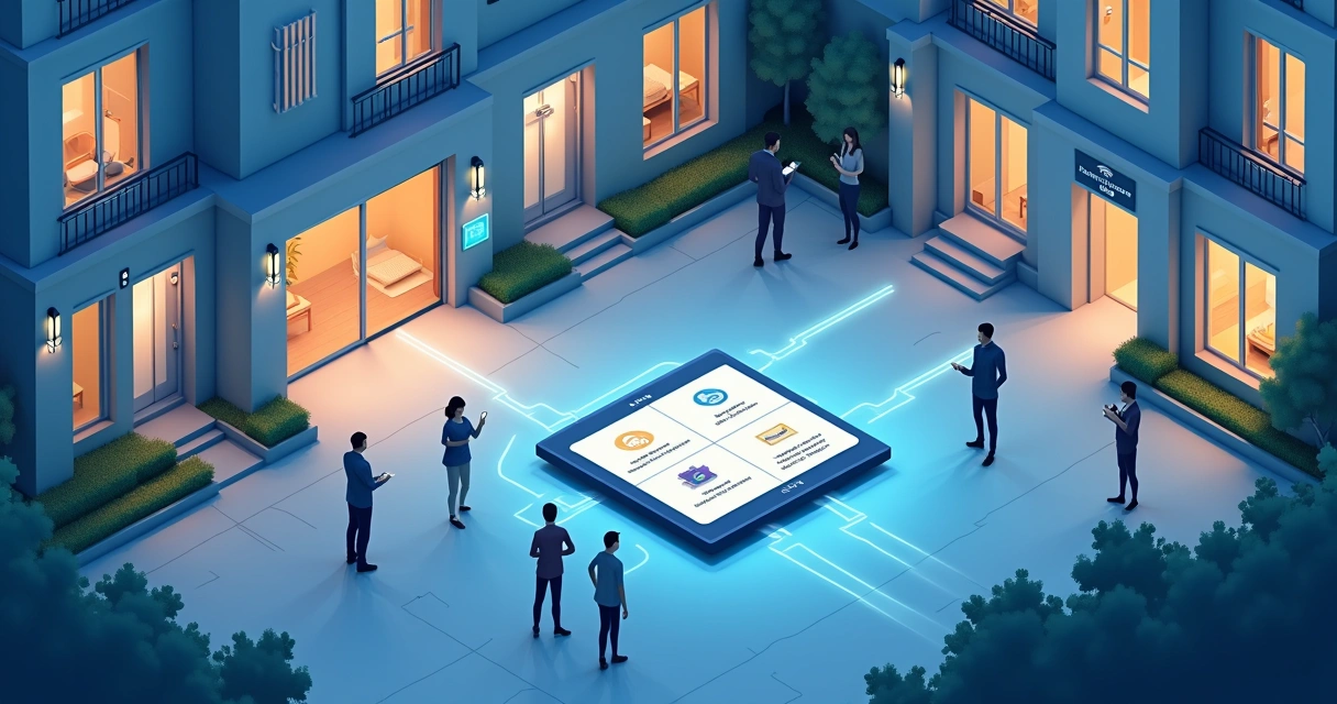 Ilustração de condomínio com diversos dispositivos IoT conectados por rede digital 