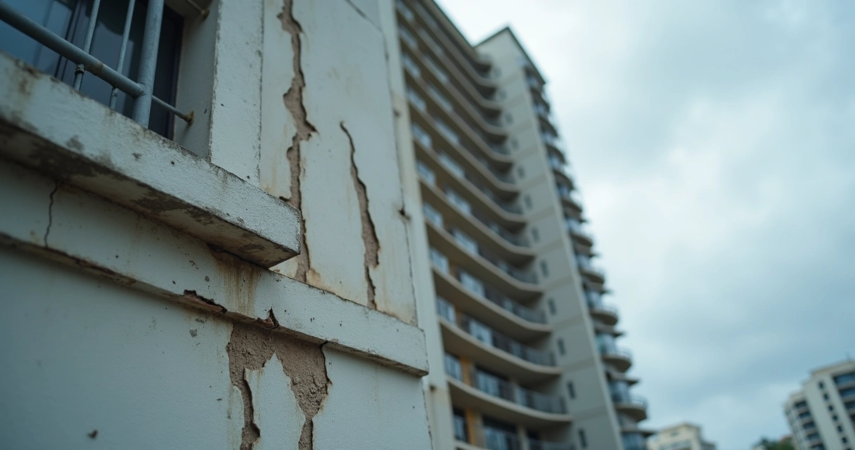 Fachada de condomínio residencial com sinais de infiltração 