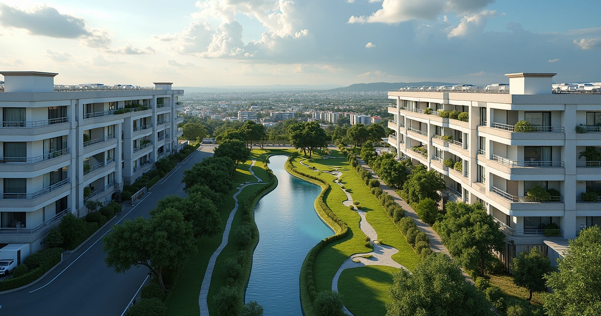 Vista aérea de área comum com casas e ruas internas 