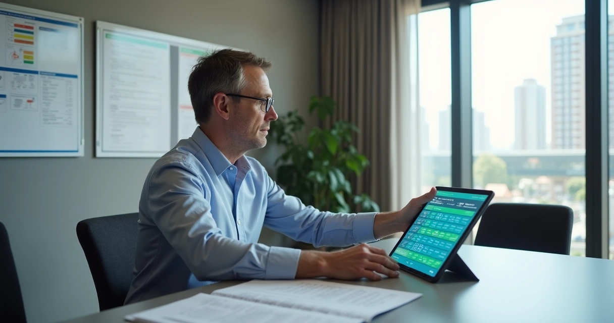 Síndico consultando histórico de manutenção digital em tablet 