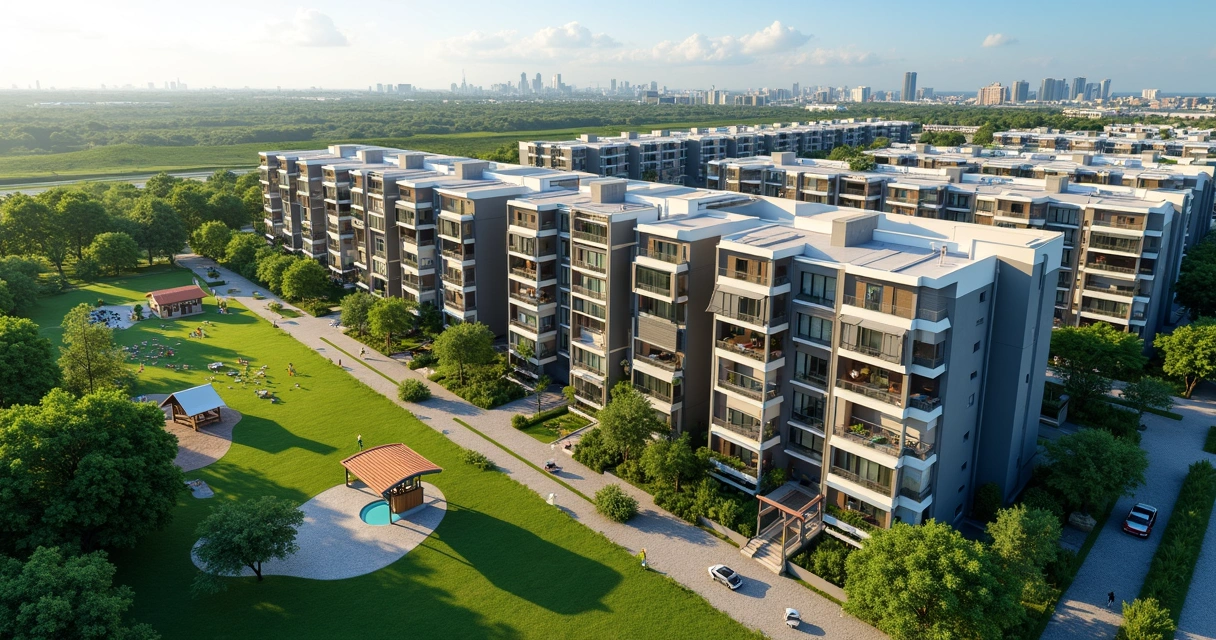 Vista aérea de condomínios residenciais modernos em Paulínia com áreas verdes e playground 
