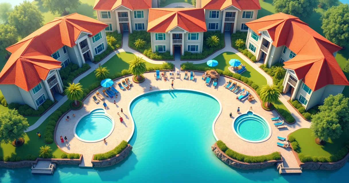 Aerial view of a condominium in Orlando with well-maintained pools and common areas.