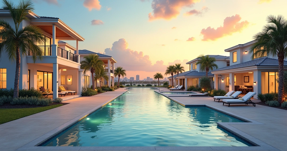 Casas com piscina e condomínio em Orlando ao entardecer