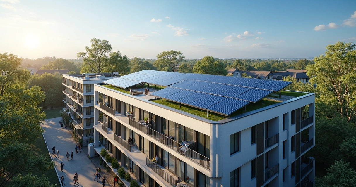 Painéis solares instalados na cobertura de um condomínio residencial 