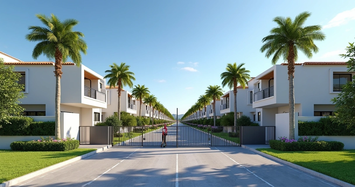 Fachada de condomínio residencial em Paulínia, com portaria e paisagismo 