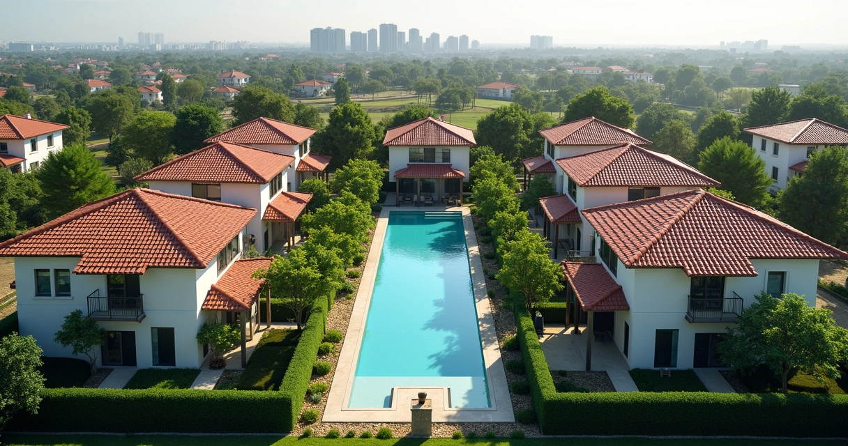 Vista aérea de condomínio com casas, piscina e jardins em Paulínia 