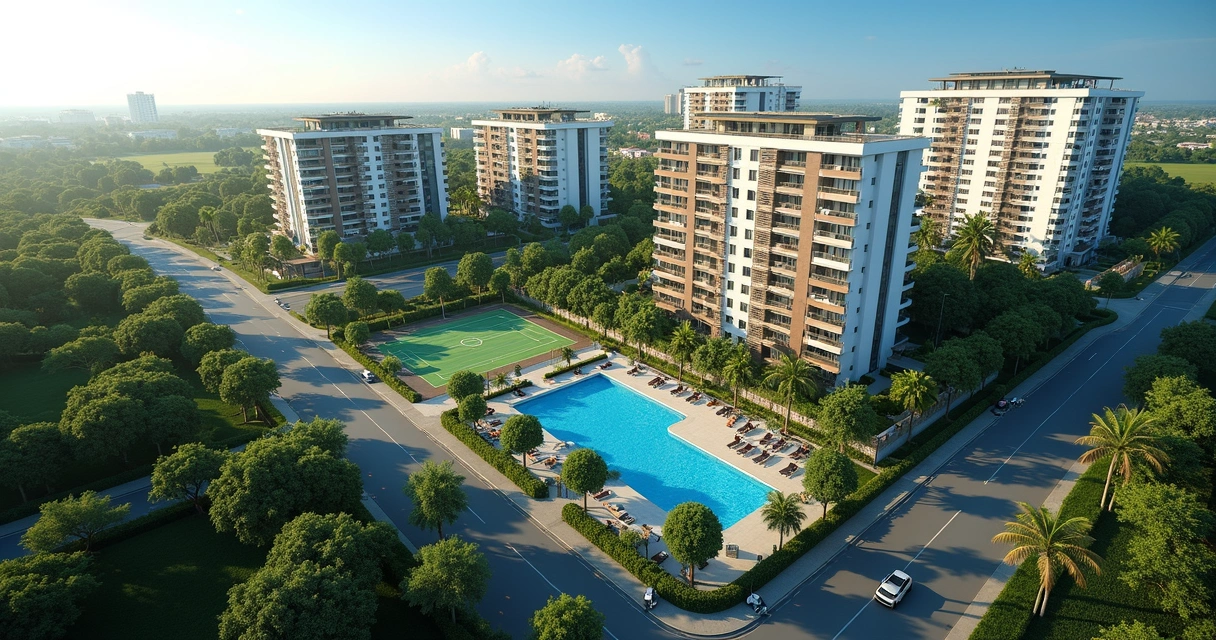 Vista aérea de condomínio em Paulínia com áreas verdes, piscina, quadra esportiva e sistema de segurança visível 