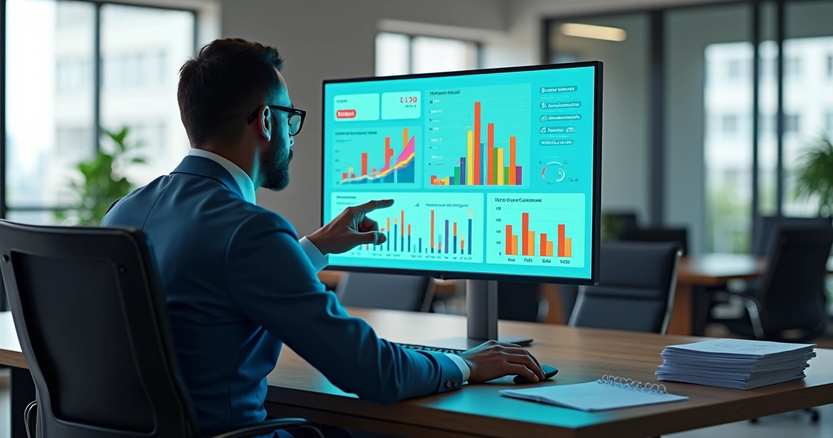 Síndico analisando dados financeiros em tela de computador