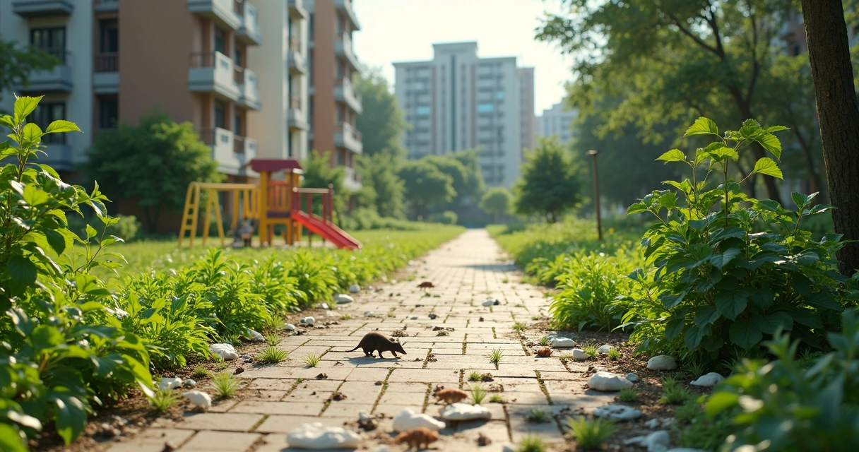 Área verde de condomínio com lixo espalhado próximo a jardins 