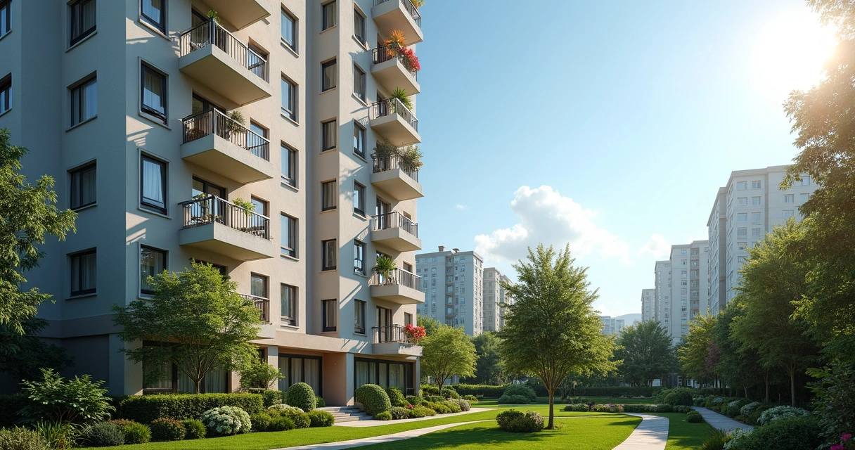 Fachada de um condomínio residencial com vários apartamentos e áreas verdes 