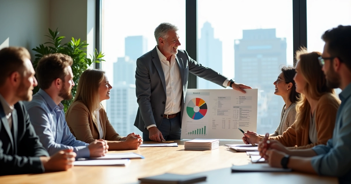 Síndico em reunião com moradores discutindo boletos e gráficos em cima de uma mesa 