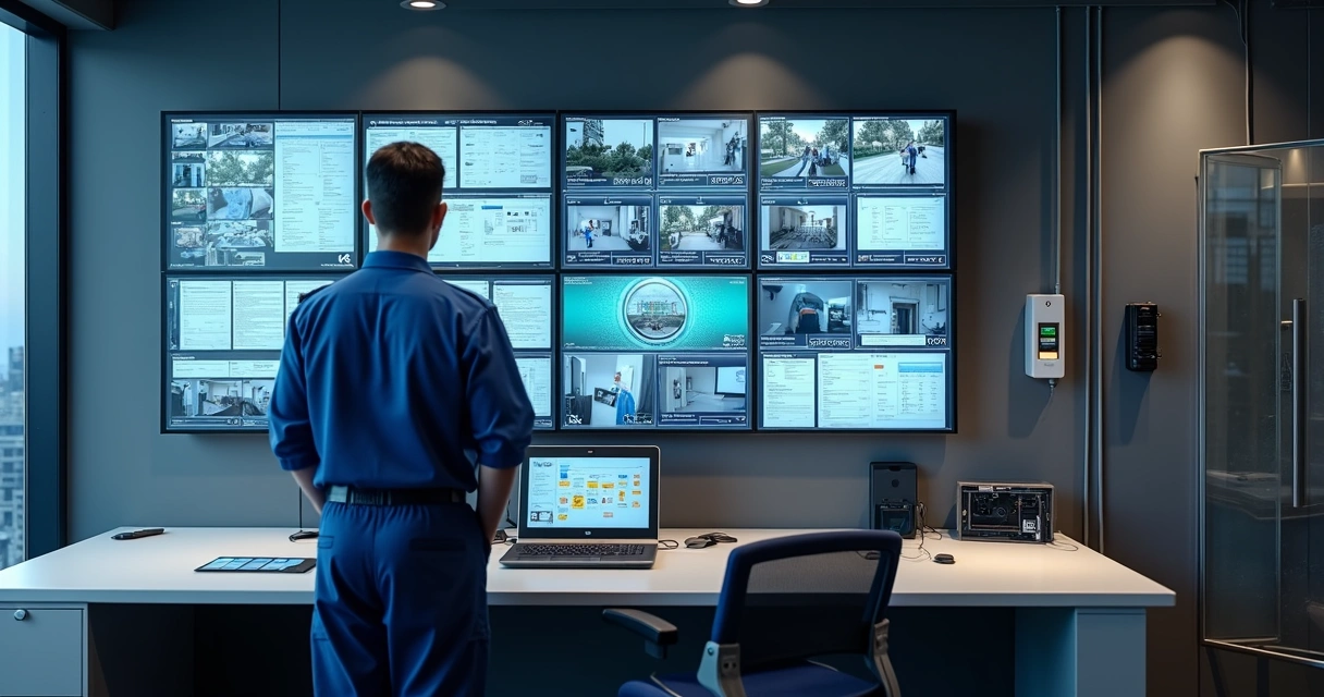 Painel de controle de segurança mostrando câmeras, alarmes e portão automatizado integrados 