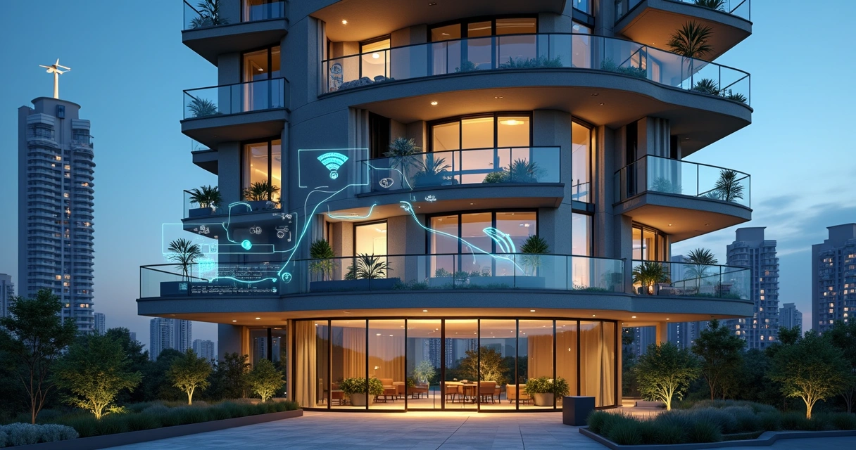 Fachada de condomínio moderno à noite com fachada iluminada em verde e ícones de tecnologia e energia sustentável 