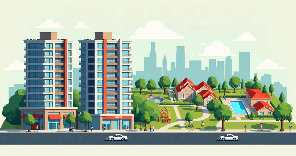 Edifício residencial e casas lado a lado, com ruas, árvores e carros em desenho ilustrativo 