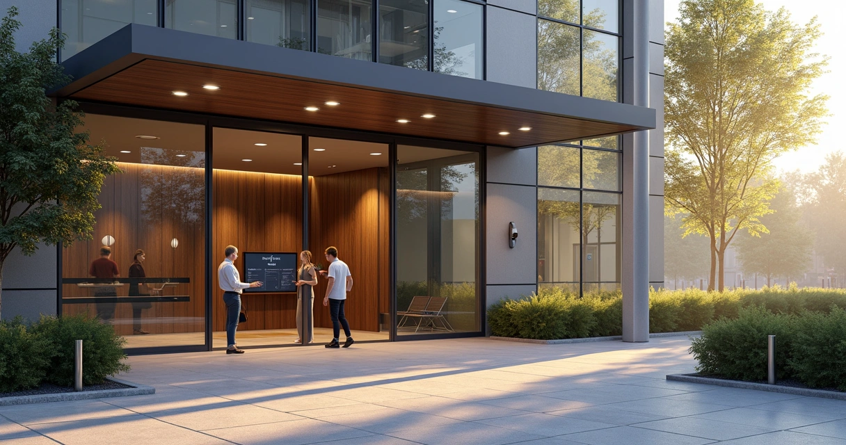 Torre de condomínio moderno com área comum e portas digitais 