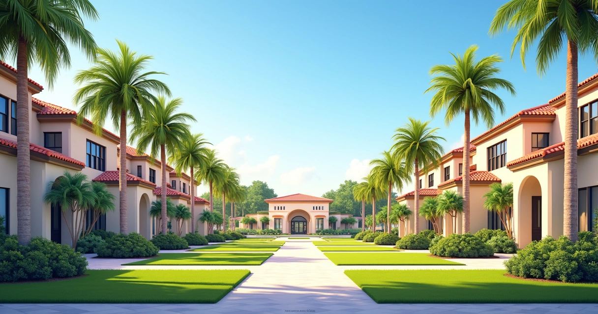 Facade of a luxury condominium in Orlando, with premium houses and sophisticated gardens 