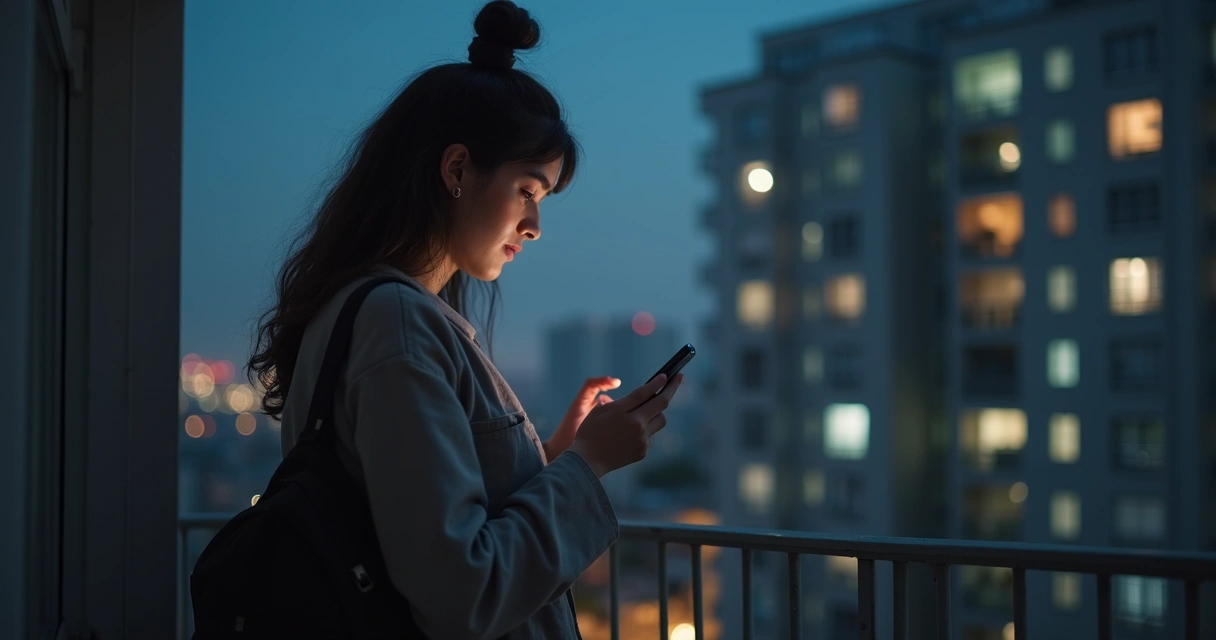 Pessoa segurando celular à noite em condomínio 