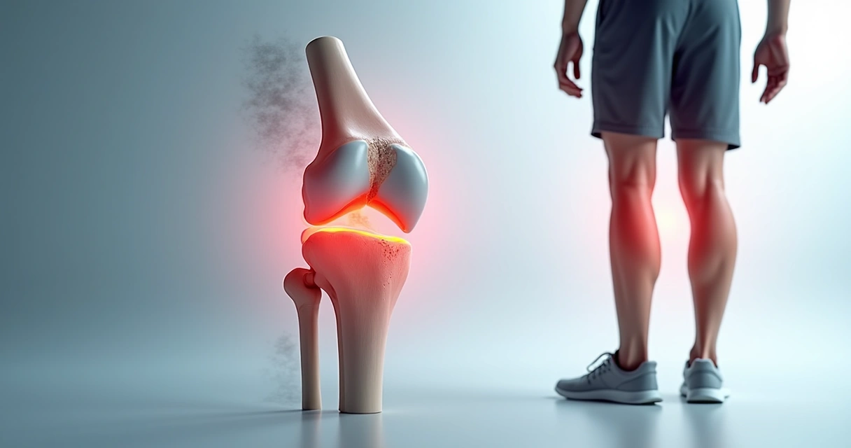 Ilustração em corte mostrando joelho com condromalácia patelar em detalhe 
