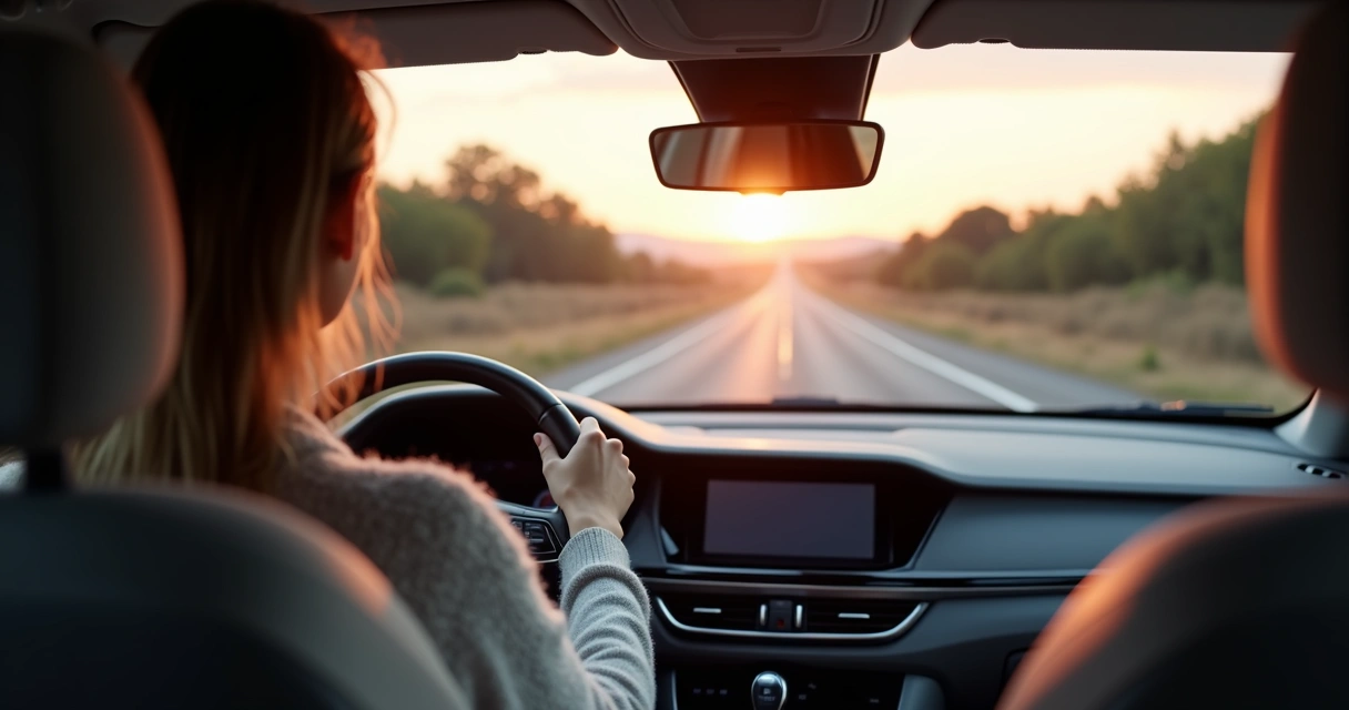 Persona conduciendo atenta por una carretera despejada al amanecer 