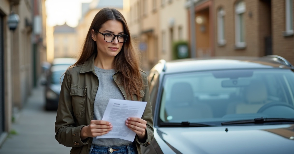 Mujer revisando documento de seguro junto a automóvil 