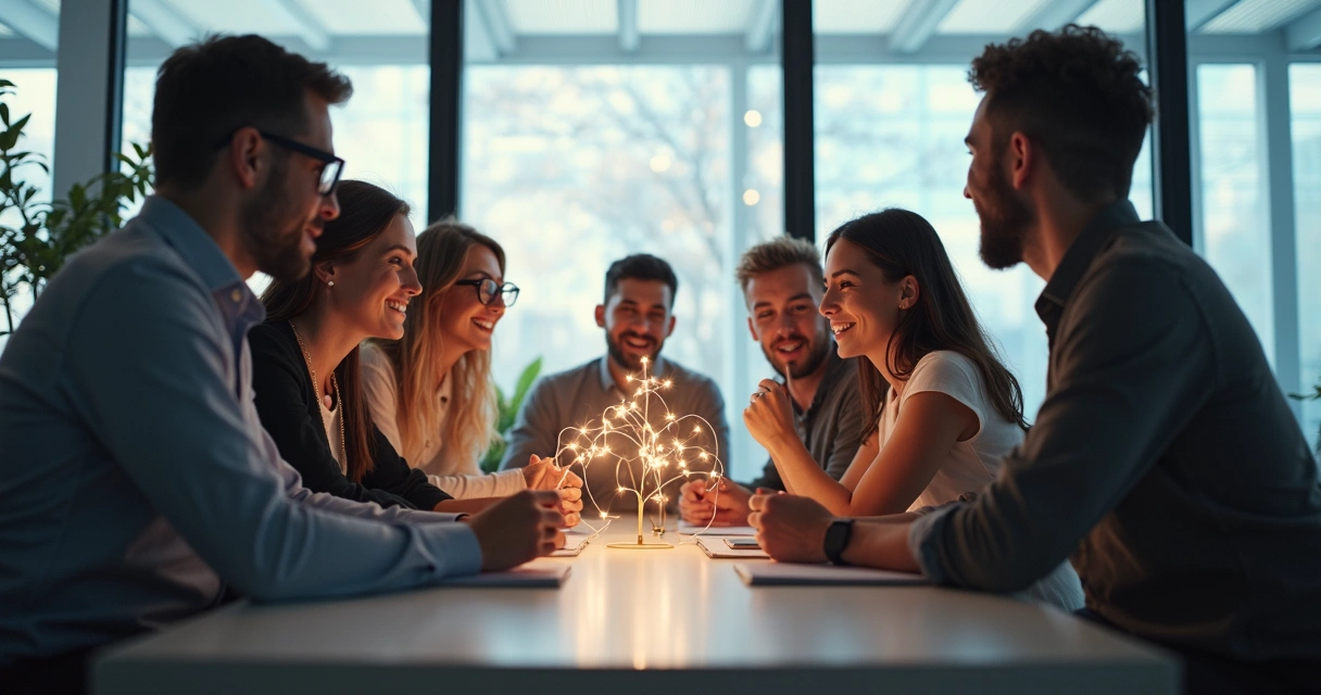 Equipo reunido compartiendo ideas representadas por líneas conectadas 