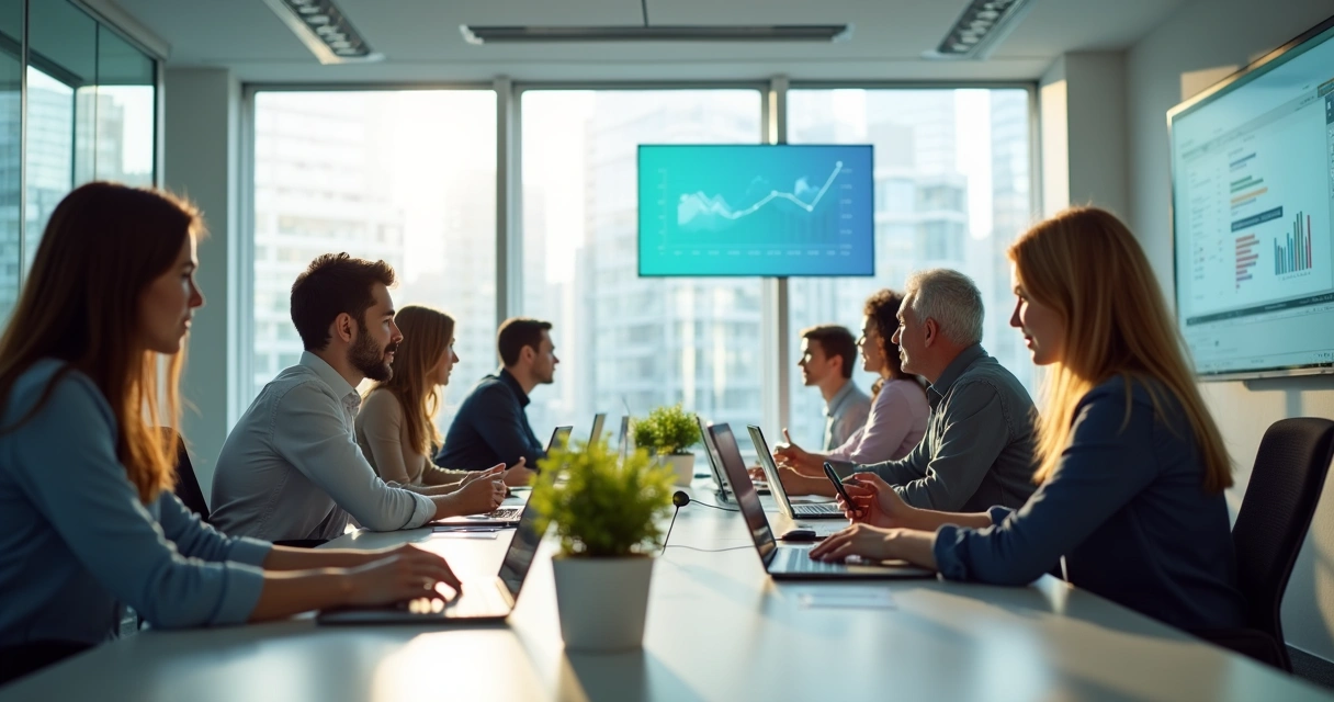 Jovens e adultos usando computadores e celulares em um ambiente de trabalho conjunto