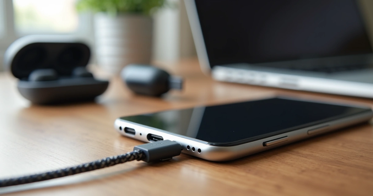 Conector USB-C de smartphone moderno em close sobre mesa de madeira 