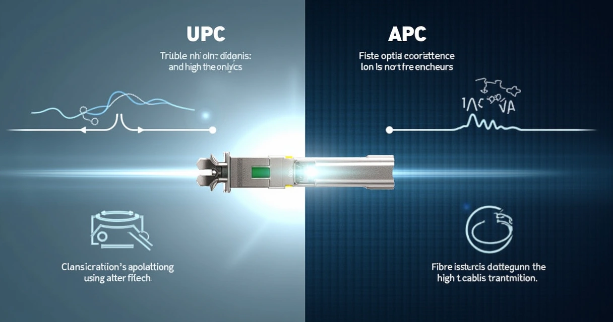 Ilustração de conectores ópticos UPC e APC com símbolos de estabilidade e qualidade de sinal, respectivamente.