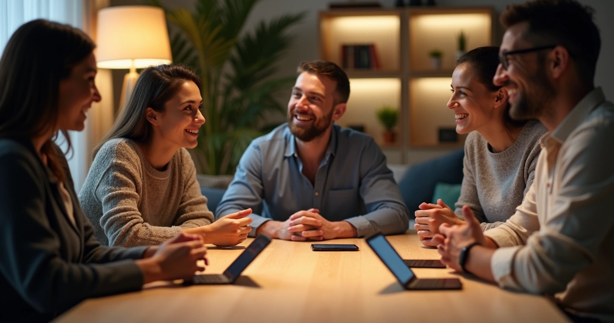Grupo de pessoas conectadas olhando umas para as outras enquanto celulares ficam apoiados na mesa 