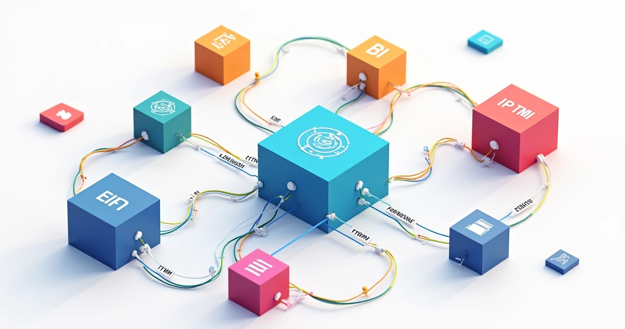 Cabos conectando blocos coloridos com ícones de sistemas