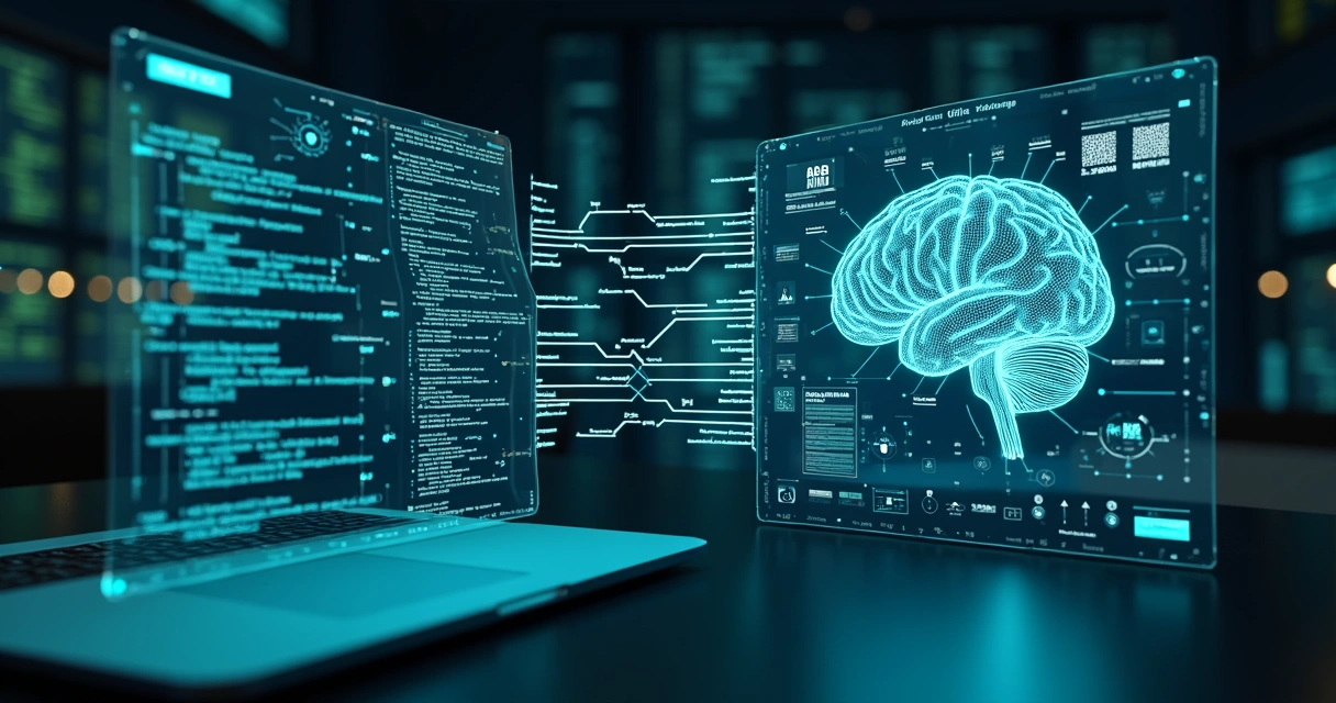 Interface digital futurista mostrando conexões entre sistemas legados e inteligência artificial com elementos de código e gráficos 