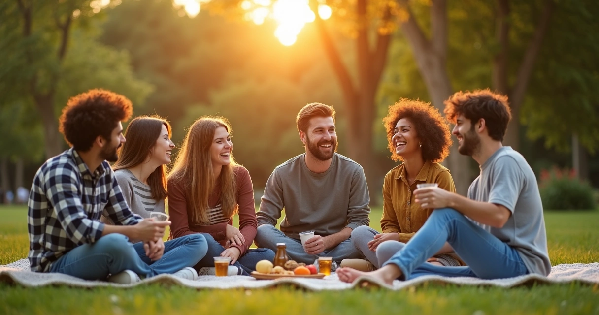 Grupo de amigos rindo juntos em parque ao pôr do sol 