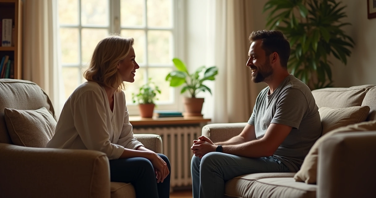 Duas pessoas sentadas conversando em ambiente confortável 